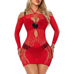 Red Black Women Sexy Halter Bodycon Mesh Midi Dress Lingerie Nightdress Outfit